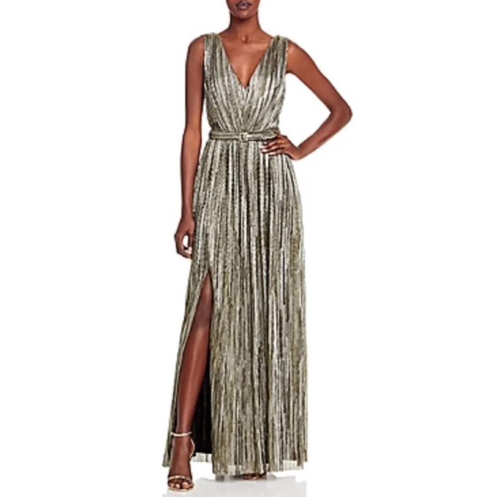 Eliza j sleeveless v neck belted maxi dress gown with slit in gold black